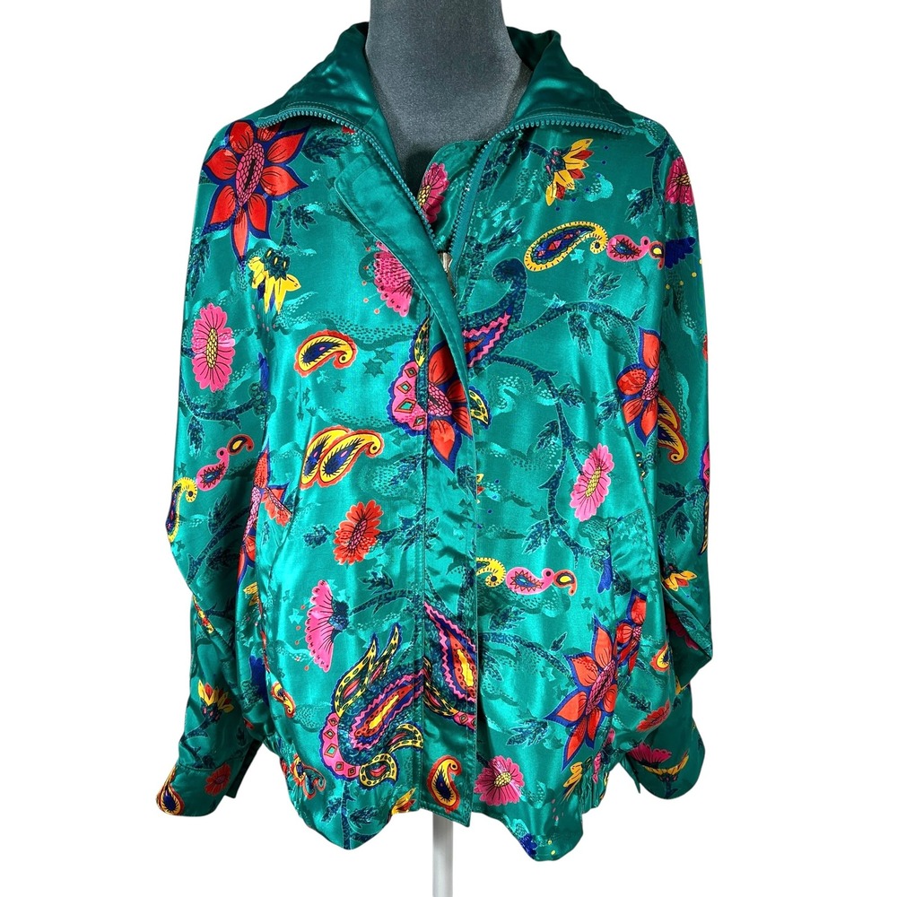 Mighty Vintage Bomber Jacket OSFM Teal‎ Green Floral Paisley Satin 80s 90s Retro